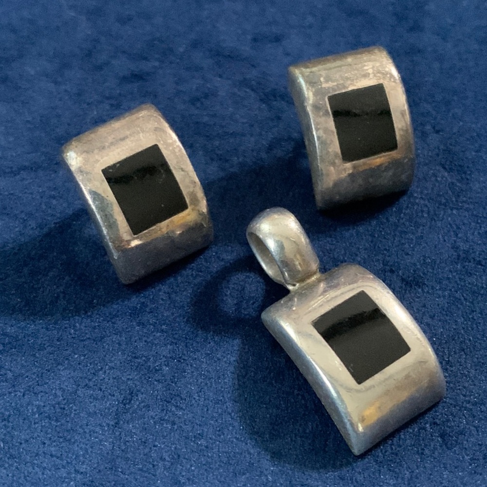 Modern Silver Earrings onyx black .925 and pendant